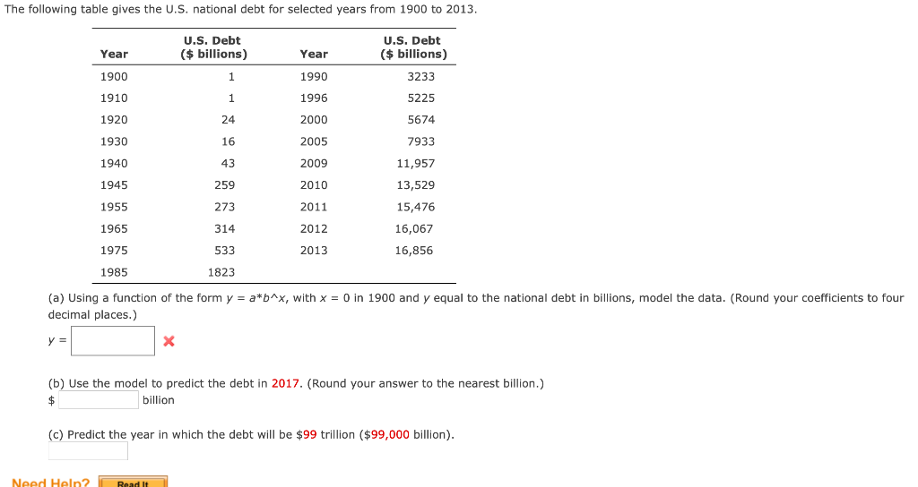 The following table gives the U.S. national debt for selected years from 1900 to 2013.
U.S. Debt
($ billions)
U.S. Debt
($ billions)
Year
Year
1900
1990
3233
1910
1996
5225
1920
24
2000
5674
1930
16
2005
7933
1940
43
2009
11,957
1945
259
2010
13,529
1955
273
2011
15,476
1965
314
2012
16,067
1975
533
2013
16,856
1985
1823
(a) Using a function of the form y = a*b^x, with x = 0 in 1900 and y equal to the national debt in billions, model the data. (Round your coefficients to four
decimal places.)
y =
(b) Use the model to predict the debt in 2017. (Round your answer to the nearest billion.)
$
billion
(c) Predict the year in which the debt will be $99 trillion ($99,000 billion).
Need Heln?
Read It
