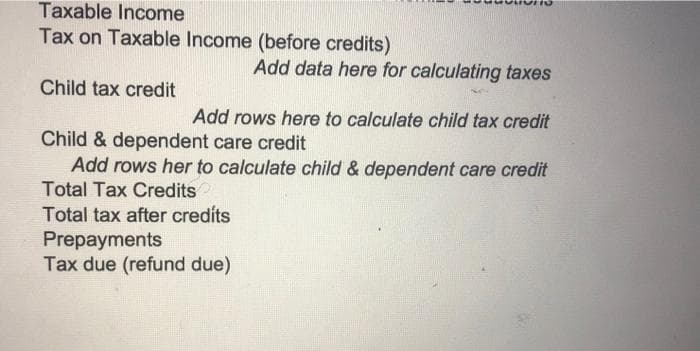 Taxable Income
Tax on Taxable Income (before credits)
Add data here for calculating taxes
Child tax credit
Add rows here to calculate child tax credit
Child & dependent care credit
Add rows her to calculate child & dependent care credit
Total Tax Credits
Total tax after credíts
Prepayments
Tax due (refund due)
