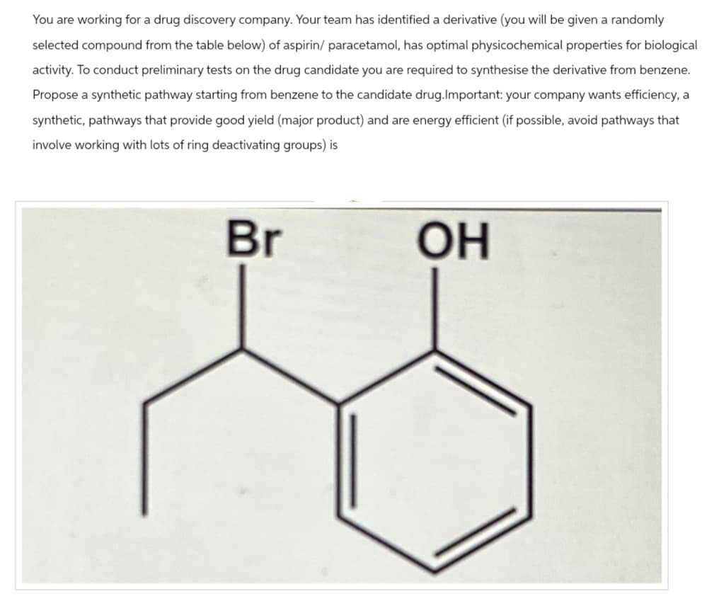 You are working for a drug discovery company. Your team has identified a derivative (you will be given a randomly
selected compound from the table below) of aspirin/ paracetamol, has optimal physicochemical properties for biological
activity. To conduct preliminary tests on the drug candidate you are required to synthesise the derivative from benzene.
Propose a synthetic pathway starting from benzene to the candidate drug. Important: your company wants efficiency, a
synthetic, pathways that provide good yield (major product) and are energy efficient (if possible, avoid pathways that
involve working with lots of ring deactivating groups) is
Br
OH