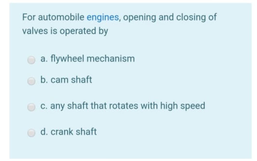 For automobile engines, opening and closing of
valves is operated by
a. flywheel mechanism
b. cam shaft
c. any shaft that rotates with high speed
d. crank shaft
