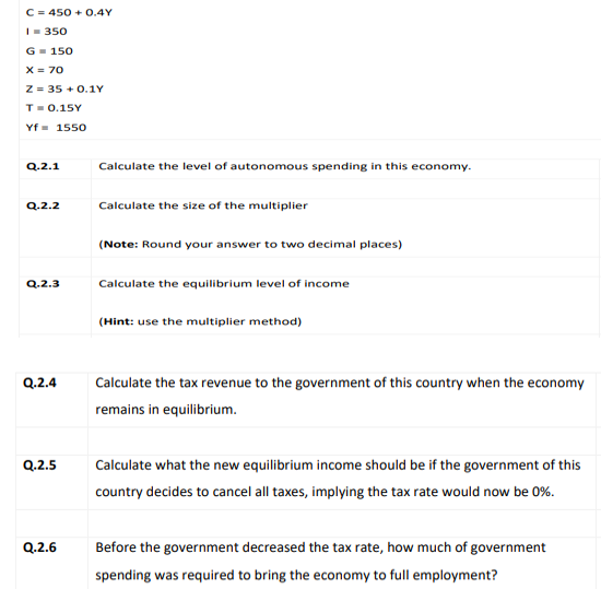 C = 450 + 0.4Y
|- 350
G- 150
X = 70
Z = 35 + 0.1Y
T- 0.15Y
Yf = 1550
Q.2.1
Calculate the level of autor
utonomous spending in this economy.
Q.2.2
Calculate the size of the multiplier
(Note: Round your answer to two decimal places)
Q.2.3
Calculate the equilibrium level of income
(Hint: use the multiplier method)
Q.2.4
Calculate the tax revenue to the government of this country when the economy
remains in equilibrium.
Q.2.5
Calculate what the new equilibrium income should be if the government of this
country decides to cancel all taxes, implying the tax rate would now be 0%.
Q.2.6
Before the government decreased the tax rate, how much of government
spending was required to bring the economy to full employment?
