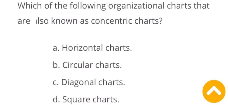 Which of the following organizational charts that
are ilso known as concentric charts?
a. Horizontal charts.
b. Circular charts.
c. Diagonal charts.
d. Square charts.
