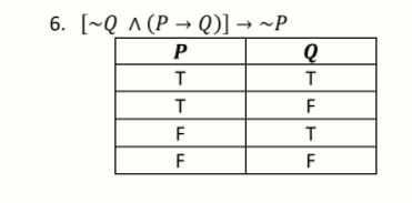 6. [~Q ^ (P → Q)] → ~P
F
F
F
F
