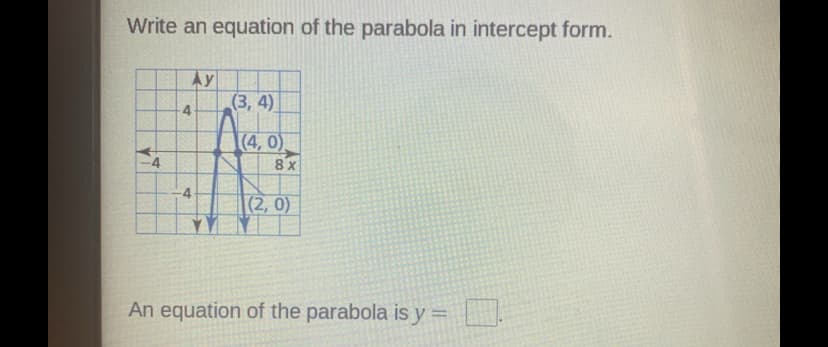 Write an equation of the parabola in intercept form.
Ay
(3, 4)
4
(4, 0)
8x
(2,0)
An equation of the parabola is y= _ .
