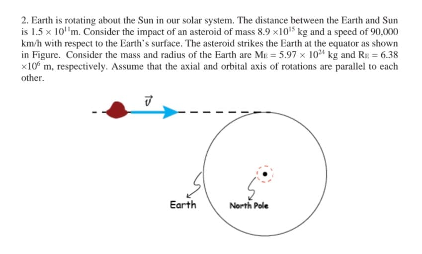 2. Earth is rotating about the Sun in our solar system. The distance between the Earth and Sun
is 1.5 x 10'm. Consider the impact of an asteroid of mass 8.9 x1015 kg and a speed of 90,000
km/h with respect to the Earth's surface. The asteroid strikes the Earth at the equator as shown
in Figure. Consider the mass and radius of the Earth are ME = 5.97 x 1024 kg and RE = 6.38
x10° m, respectively. Assume that the axial and orbital axis of rotations are parallel to each
other.
Earth
North Pole
