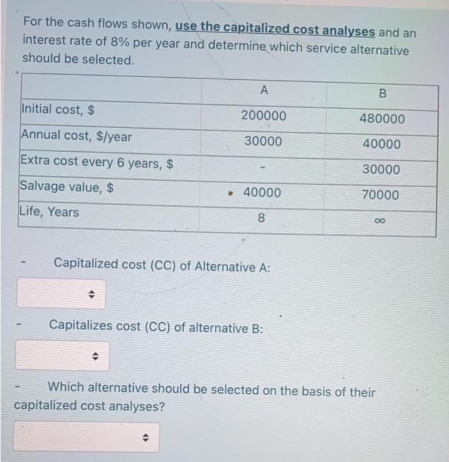 For the cash flows shown, use the capitalized cost analyses and an
interest rate of 8% per year and determine which service alternative
should be selected.
Initial cost, $
200000
480000
Annual cost, $/year
30000
40000
Extra cost every 6 years, $
30000
Salvage value, $
• 40000
70000
Life, Years
8.
00
Capitalized cost (CC) of Alternative A:
Capitalizes cost (CC) of alternative B:
Which alternative should be selected on the basis of their
capitalized cost analyses?
