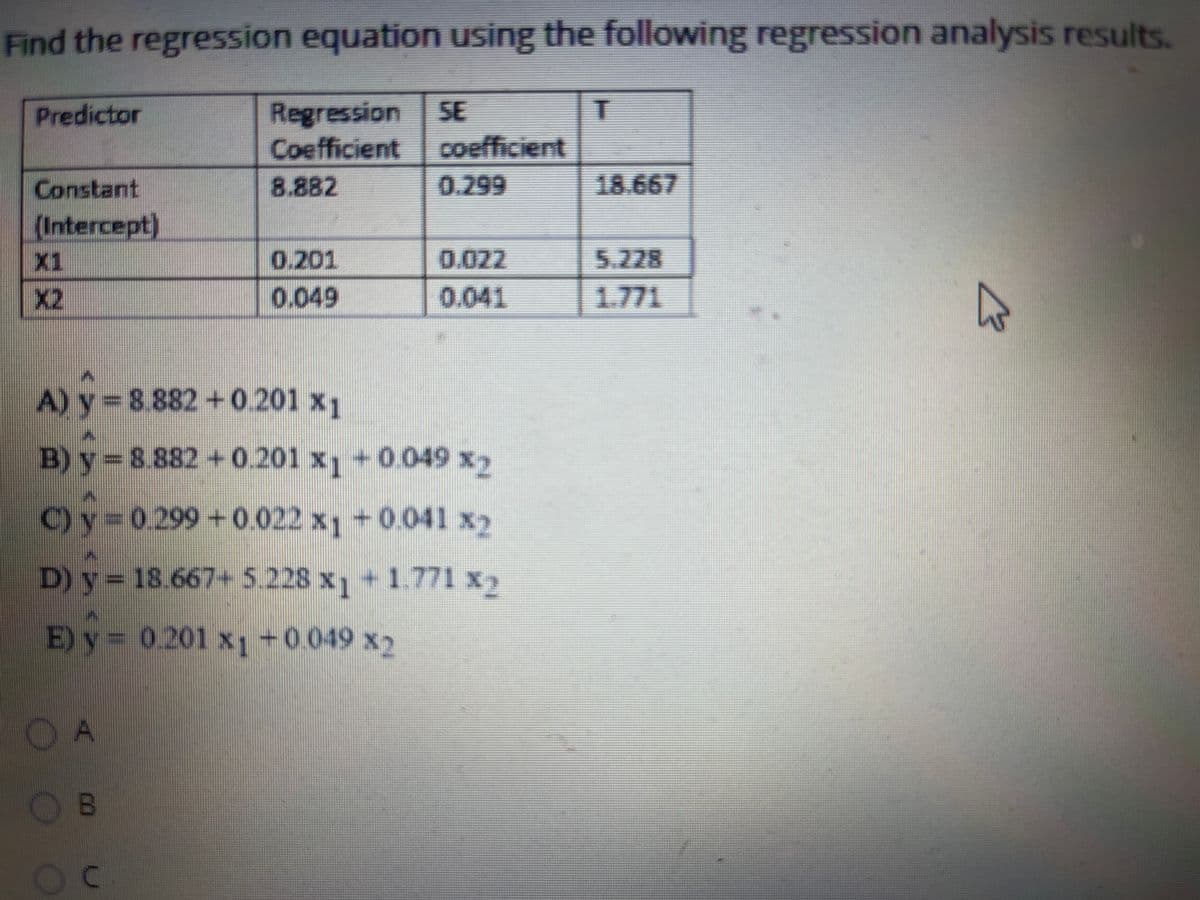 Find the regression equation using the following regression analysis results.
Regression 5E
Coefficient
Predictor
coefficient
Constant
8.882
0.299
18.667
(Intercept)
X1
0.201
0.022
5.228
X2
0.049
0.041
1.771
A) y 8.882+0.201 x1
B) y= 8.882+0.201
x1+0.049 x2
C) y=0.299 +0.022 xy0.041 x2
D) y = 18.667+5.228 x
1 + 1.771 x2
E)y = 0.201 x +0.049 x
DA
OB
OC
