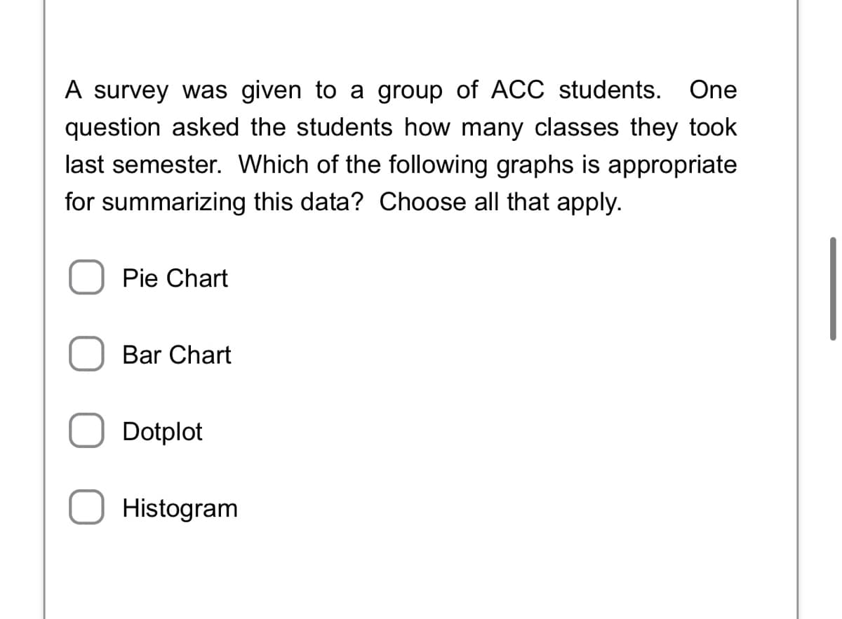 A survey was given to a group of ACC students. One
question asked the students how many classes they took
last semester. Which of the following graphs is appropriate
for summarizing this data? Choose all that apply.
Pie Chart
Bar Chart
Dotplot
Histogram

