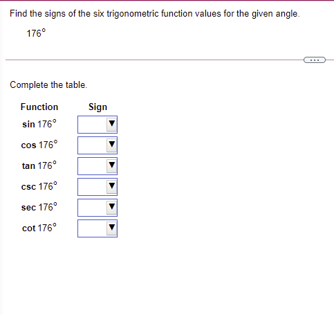 Find the signs of the six trigonometric function values for the given angle.
176°
...
Complete the table.
Function
Sign
sin 176°
cos 176°
tan 176°
csc 176°
sec 176°
cot 176°
