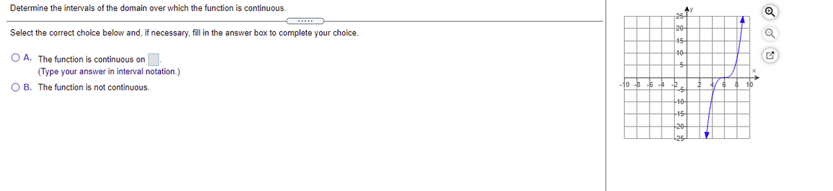 Determine the intervals of the domain over which the function is continuous.
Ay
....
20
Select the correct choice below and, if necessary, fill in the answer box to complete your choice.
15
40
O A. The function is continuous on
(Type your answer in interval notation.)
O B. The function is not continuous.
1o -6
10
+15
20
