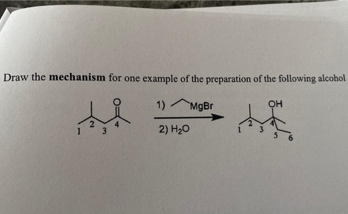 Draw the mechanism for one example of the preparation of the following alcohol
1) MgBr
OH
2) H₂O
1
2
3
لما
2
3
5