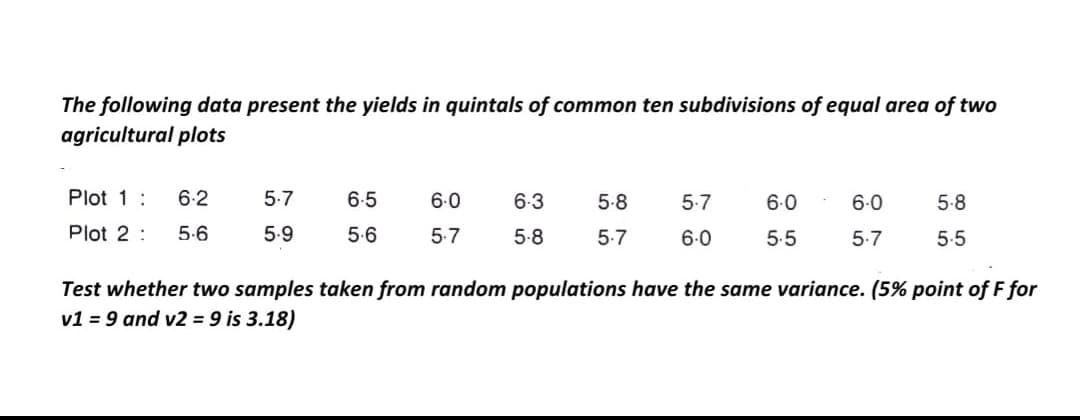 The following data present the yields in quintals of common ten subdivisions of equal area of two
agricultural plots
Plot 1:
6.2
5.7
6-5
6-0
6-3
5-8
5-7
6.0
6.0
5-8
Plot 2 :
5.6
5-9
5-6
5-7
5-8
5-7
6.0
5.5
5.7
5.5
Test whether two samples taken from random populations have the same variance. (5% point of F for
v1 = 9 and v2 = 9 is 3.18)
