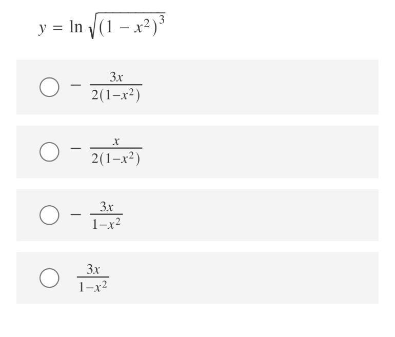 y = In (1 – x²)*
1 – x²)³
3x
-
2(1-x²)
2(1-x²)
3x
1-x2
3x
1-x2
