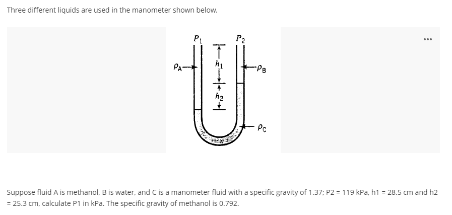 Three different liquids are used in the manometer shown below.
...
P1
P2
PA
hị
h2
Pc
Suppose fluid A is methanol, B is water, and C is a manometer fluid with a specific gravity of 1.37; P2 = 119 kPa, h1 = 28.5 cm and h2
= 25.3 cm, calculate P1 in kPa. The specific gravity of methanol is 0.792.
