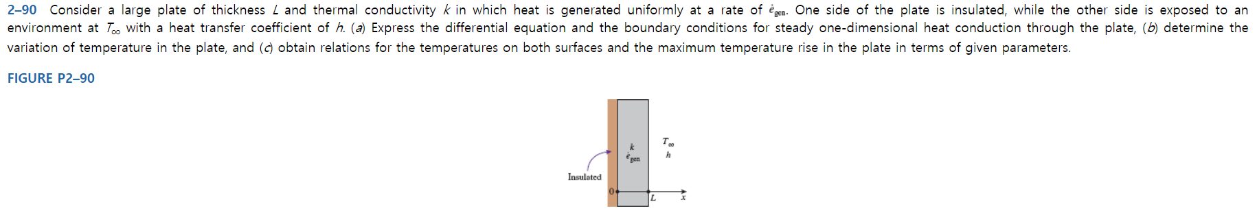 2-90 Consider a large plate of thickness L and thermal conductivity k in which heat is generated uniformly at a rate of egn. One side of the plate is insulated, while the other side is exposed to an
environment at Too With a heat transfer coefficient of h. (a) Express the differential equation and the boundary conditions for steady one-dimensional heat conduction through the plate, (b) determine the
variation of temperature in the plate, and (c) obtain relations for the temperatures on both surfaces and the maximum temperature rise in the plate in terms of given parameters.
FIGURE P2-90
т.
gen
Insulated
