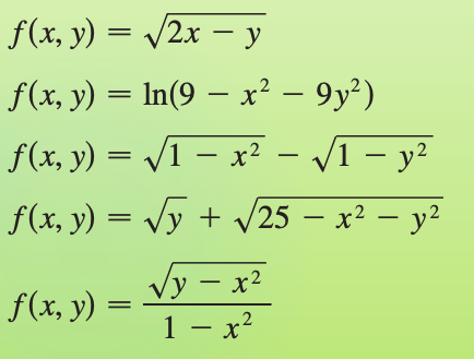 f(x, y) = /2x – y
/2х — у
f(x, y) = In(9 – x² – 9y²)
f(x, y) = /1 – x²? - VI – y?
S(x, y) = Vy + /25 – x² – y²
у — х2
1 – x²
f(x, y) =
