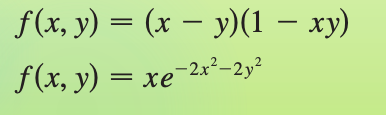 f(x, y) = (x – y)(1 – xy)
-2x²-2y²
f(x, y) = xe-
