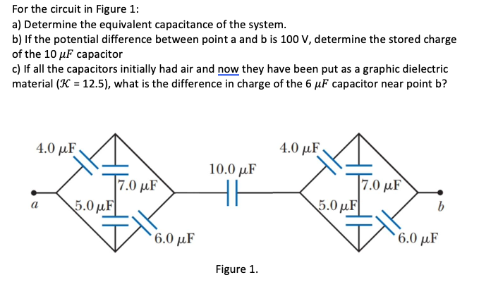 For the circuit in Figure 1:
a) Determine the equivalent capacitance of the system.
b) If the potential difference between point a and b is 100 V, determine the stored charge
of the 10 µF capacitor
c) If all the capacitors initially had air and now they have been put as a graphic dielectric
material (K = 12.5), what is the difference in charge of the 6 µF capacitor near point b?
4.0 μF
4.0 µF v
10.0 µF
7.0 µF
5.0 µF
|7.0 μF
5.0 µF
a
6.0 µF
6.0 µF
Figure 1.
