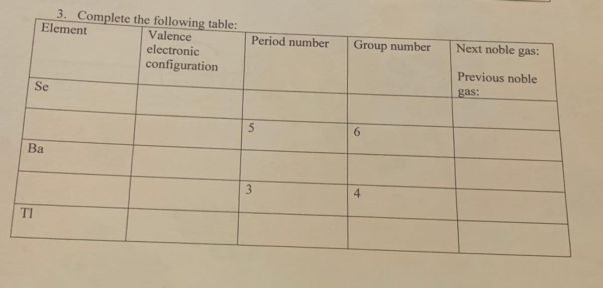 TI
3. Complete the following table:
Element
Valence
electronic
configuration
Se
Ba
Period number
5
3
Group number
6
4
Next noble gas:
Previous noble
gas: