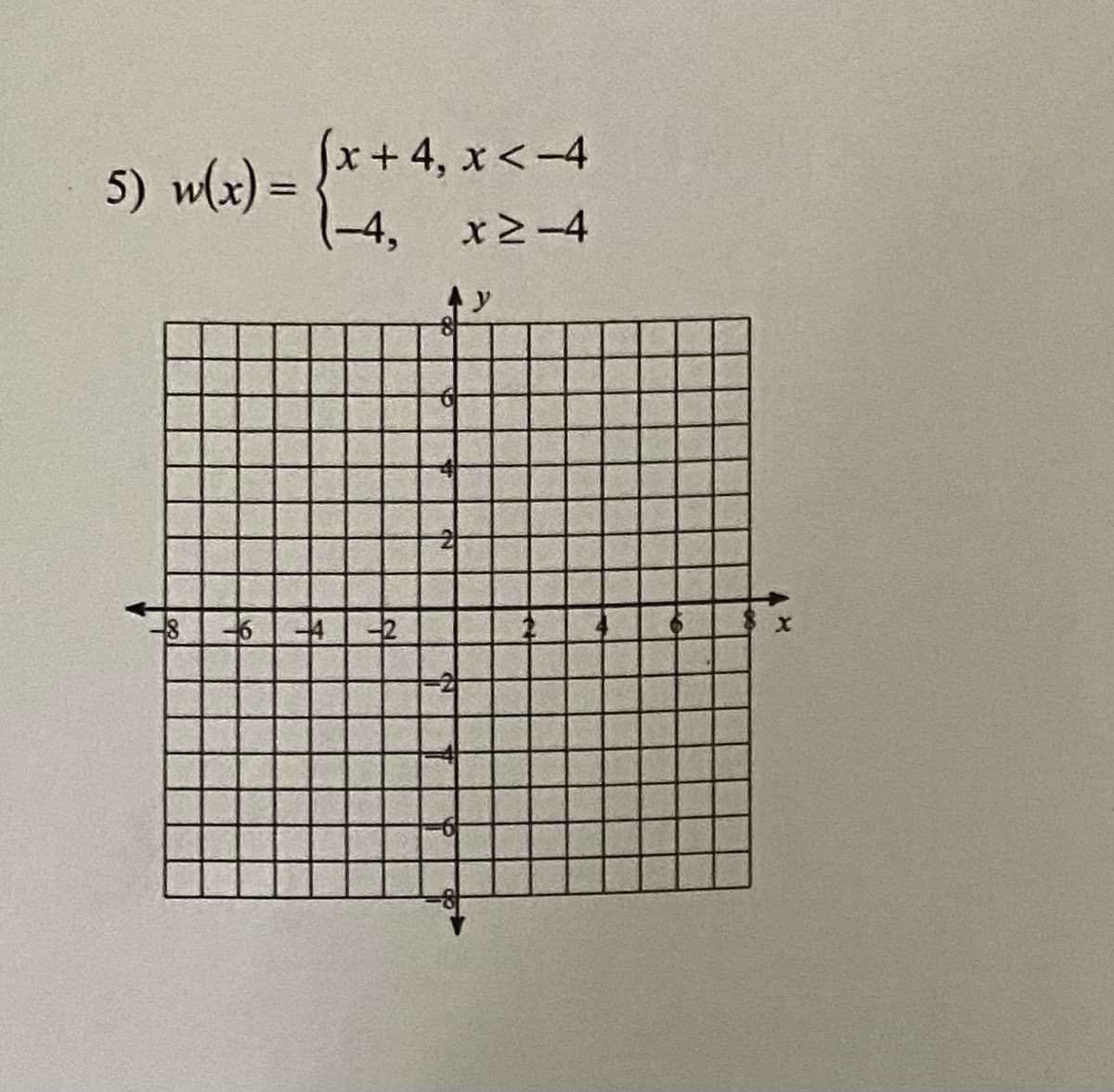 Jx+ 4, x<-4
5) wlx) =
(-4,
%3D
x2-4
