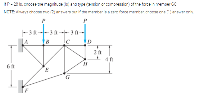 If P = 28 Ib, choose the magnitude (Ib) and type (tension or compression) of the force in member GC.
NOTE: Always choose two (2) answers but if the member is a zero-force member, choose one (1) answer only.
P
P
- 3 ft-
B
|A
- 3 ft →- 3 ft-
D
2 ft
I 4 ft
6 ft
E
G
F
