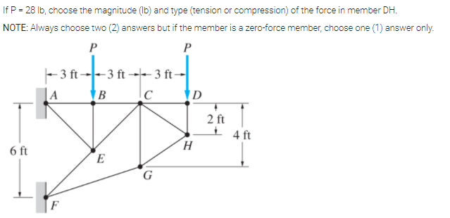 If P = 28 Ib, choose the magnitude (Ib) and type (tension or compression) of the force in member DH.
NOTE: Always choose two (2) answers but if the member is a zero-force member, choose one (1) answer only.
P
P
- 3 ft-
|A
– 3 ft →- 3 ft -
2 ft
I 4 ft
6 ft
E
G.
F
