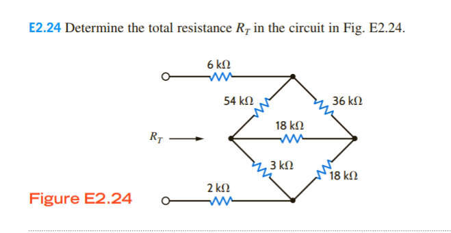 E2.24 Determine the total resistance R, in the circuit in Fig. E2.24.
6 kN
54 kN
36 kN
18 kN
R7
3 kN
18 kN
2 kN
Figure E2.24
