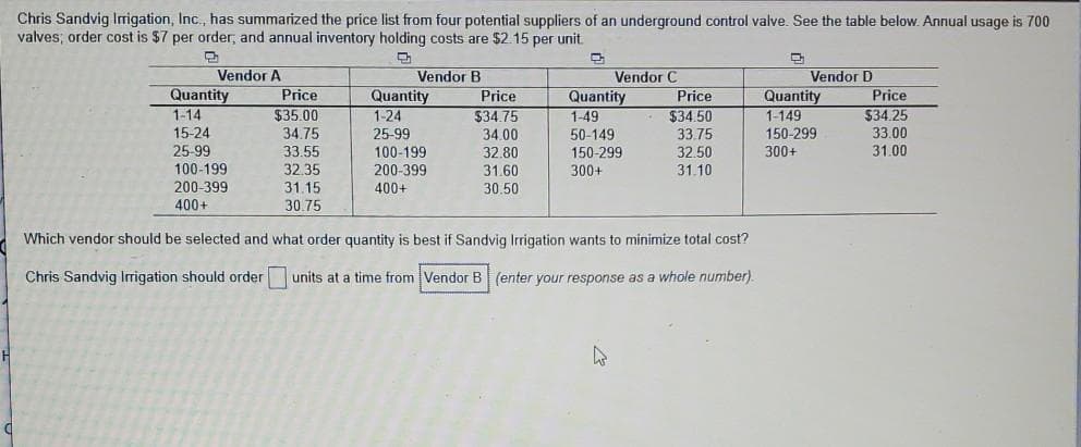 Chris Sandvig Irigation, Inc., has summarized the price list from four potential suppliers of an underground control valve. See the table below. Annual usage is 700
valves; order cost is $7 per order, and annual inventory holding costs are $2.15 per unit.
Vendor A
Quantity
1-14
Vendor B
Price
$34.75
Vendor C
Price
$34.50
Vendor D
Price
$34.25
33.00
31.00
Quantity
Quantity
1-149
Price
Quantity
$35.00
1-24
1-49
50-149
150-299
15-24
34.75
25-99
100-199
34.00
33.75
32.50
150-299
25-99
100-199
200-399
33.55
32.35
32.80
300+
31.60
30.50
200-399
300+
31.10
31.15
400+
400+
30.75
Which vendor should be selected and what order quantity is best if Sandvig Irrigation wants to minimize total cost?
Chris Sandvig Irigation should order
units at a time from Vendor B(enter your response as a whole number).
