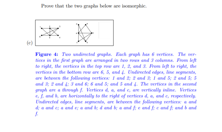 Prove that the two graphs below are isomorphic.
(c)
Figure 4: Two undirected graphs. Each graph has 6 vertices. The ver-
tices in the first graph are arranged in two rows and 3 columns. From left
to right, the vertices in the top row are 1, 2, and 3. From left to right, the
vertices in the bottom row are 6, 5, and 4. Undirected edges, line segments,
are between the following vertices: 1 and 2; 2 and 3; 1 and 5; 2 and 5; 5
and 3; 2 and 4; 3 and 6; 6 and 5; and 5 and 4. The vertices in the second
graph are a through f. Vertices d, a, and c, are vertically inline. Vertices
e, f, and b, are horizontally to the right of vertices d, a, and c, respectively.
Undirected edges, line segments, are between the following vertices: a and
d; a and c; a and e; a and b; d and b; a and f; e and f; c and f; and b and
f.
