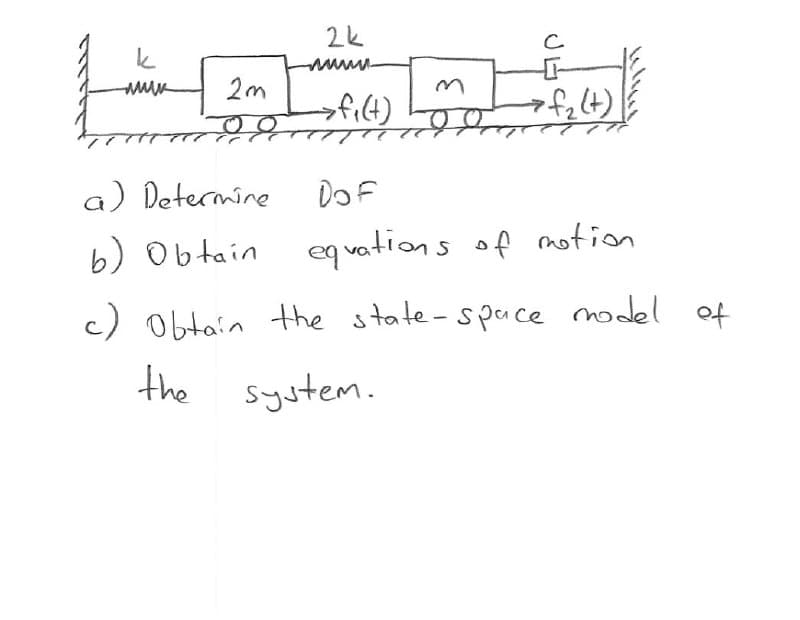 2k
k
www
2m
a) Determine
DOF
b) Obtain
n eq vations of motion
c) Obtain the state-space nodel of
the system.
