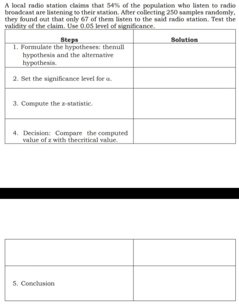 A local radio station claims that 54% of the population who listen to radio
broadcast are listening to their station. After collecting 250 samples randomly,
they found out that only 67 of them listen to the said radio station. Test the
validity of the claim. Use 0.05 level of significance.
Steps
Solution
1. Formulate the hypotheses: thenull
hypothesis and the alternative
hypothesis.
2. Set the significance level for a.
3. Compute the z-statistic.
4. Decision: Compare the computed
value of z with thecritical value.
5. Conclusion
