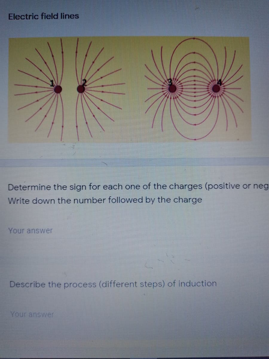 Electric field lines
Determine the sign for each one of the charges (positive or neg
Write down the number followed by the charge
Your answer
Describe the process (different steps) of induction
Your answer
