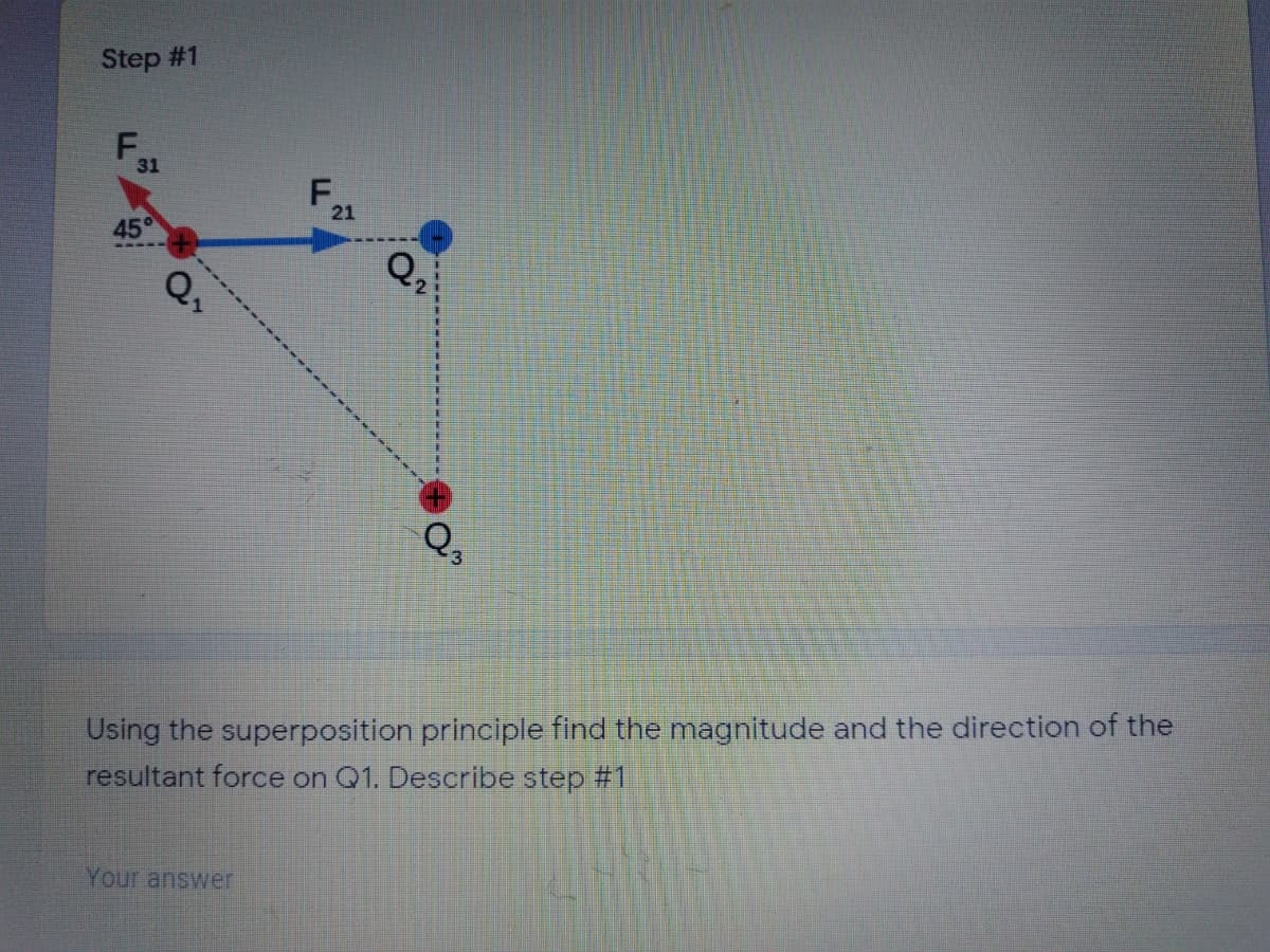 Step # 1
F,
31
F.
21
45
Q,
Using the superposition principle find the magnitude and the direction of the
resultant force on Q1. Describe step #1
Your answer
