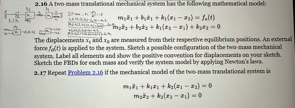 *4
FADE
2.16 A two-mass translational mechanical system has the following mathematical model:
4
SF=ma; a=-=-X
6₁ X₁ +K, (XX₂-f₁(E)=-M₁ X₁
m₁₁ + b₁₁+k₁(x₁ - x₂) = fa(t)
[m, X, +6, X, + K, (x₁+x₁) = 5₂ (6) for m₂Ï2 + b₂*2 +k1(x₂ - ₁) +k₂x2 = 0
·for.
6₂X₂+k₂ X₂-14 x₁-XJ = - M₂ X₂
[₂X₁th X₂ + 4₂ (X₂-X₁) + X₁ X₁=0 <for M₂
The displacements x₁ and x₂ are measured from their respective equilibrium positions. An external
force fa(t) is applied to the system. Sketch a possible configuration of the two-mass mechanical
system. Label all elements and show the positive convention for displacements on your sketch.
Sketch the FBDs for each mass and verify the system model by applying Newton's laws.
2.17 Repeat Problem 2.16 if the mechanical model of the two-mass translational system is
X₁ X₂
띄
[m.sk, LX.-X₂) ₂
14
m₁1+k₁x1 + k₂(x1 - x₂) = 0
m₂ä2 + k₂(x2-x₁) = 0