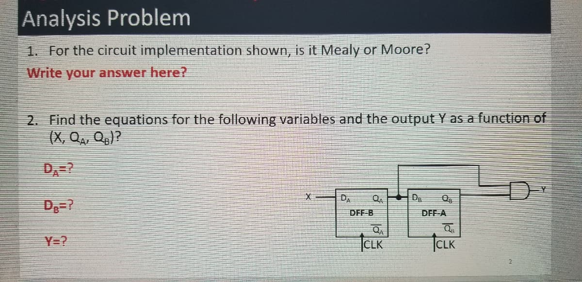 Analysis Problem
1. For the circuit implementation shown, is it Mealy or Moore?
Write your answer here?
2. Find the equations for the following variables and the output Y as a function of
(X, Q, Q)?
AL
DA
D2=?
DFF-B
DFF-A
Y=?
CLK
CLK
