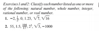 Exercises I and 2: Classify each number listed as one or more
of the following: natural number, whole number, integer,
rational number, or real number.
1. -2, . 0, 1.23, V7. Vī6
2. 55, 1.5, 44. 2°, V5,– 1000
