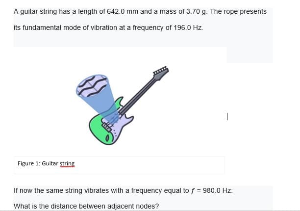A guitar string has a length of 642.0 mm and a mass of 3.70 g. The rope presents
its fundamental mode of vibration at a frequency of 196.0 Hz.
|
Figure 1: Guitar string
If now the same string vibrates with a frequency equal to f = 980.0 Hz:
What is the distance between adjacent nodes?
