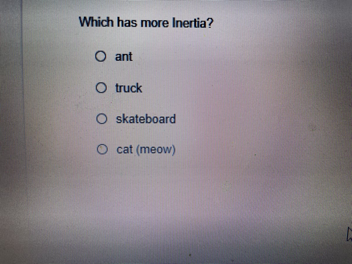 Which has more Inertia?
O ant
O t ruck
O skateboard
O cat (meow)
