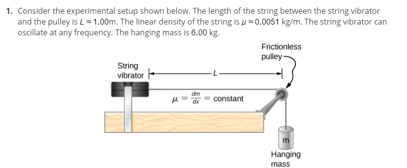 1. Consider the experimental setup shown below. The length of the string between the string vibrator
and the pulley is L =1.00m. The linear density of the string is µ = 0.0051 kg/m. The string vibrator can
ocillate at any frequency. The hanging mass is 6.00 kg.
Frictionless
pulley·
String
vibrator
dm
constant
dx
m
Hanging
mass
II
