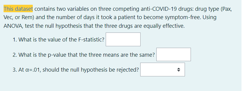 This dataset contains two variables on three competing anti-COVID-19 drugs: drug type (Pax,
Vec, or Rem) and the number of days it took a patient to become symptom-free. Using
ANOVA, test the null hypothesis that the three drugs are equally effective.
1. What is the value of the F-statistic?
2. What is the p-value that the three means are the same?
3. At a=.01, should the null hypothesis be rejected?
¶