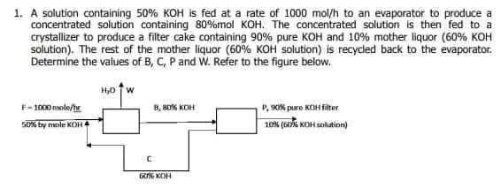 1. A solution containing 50% KOH is fed at a rate of 1000 mol/h to an evaporator to produce a
concentrated solution containing 80%mol KOH. The concentrated solution is then fed to a
crystallizer to produce a filter cake containing 90% pure KOH and 10% mother liquor (60% KOH
solution). The rest of the mother liquor (60% KOH solution) is recycled back to the evaporator.
Determine the values of B, C, P and W. Refer to the figure below.
H,0 TW
P, 9O% pure KOH filter
10% (s0% KOH solution)
F-100X0 mole/hr
B, 80% KOH
50% by mole KOH
60% KOH
