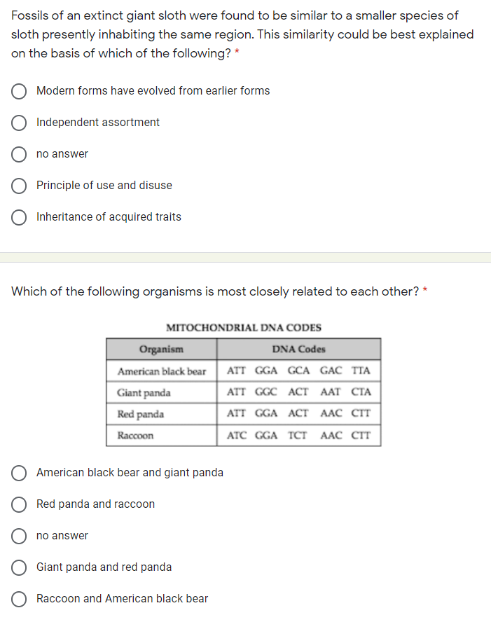 Fossils of an extinct giant sloth were found to be similar to a smaller species of
sloth presently inhabiting the same region. This similarity could be best explained
on the basis of which of the following? *
Modern forms have evolved from earlier forms
Independent assortment
no answer
Principle of use and disuse
Inheritance of acquired traits
Which of the following organisms is most closely related to each other? *
MITOCHONDRIAL DNA CODES
Organism
DNA Codes
American black bear
ATT GGA GCA GÁC TIA
Giant panda
ATT GGC AСТ ААТ СТА
Red panda
АTT GGA AСТ ААС СТ
Raccoon
АТC GGA TсТ ААС СТ
American black bear and giant panda
Red panda and raccoon
no answer
Giant panda and red panda
O Raccoon and American black bear
