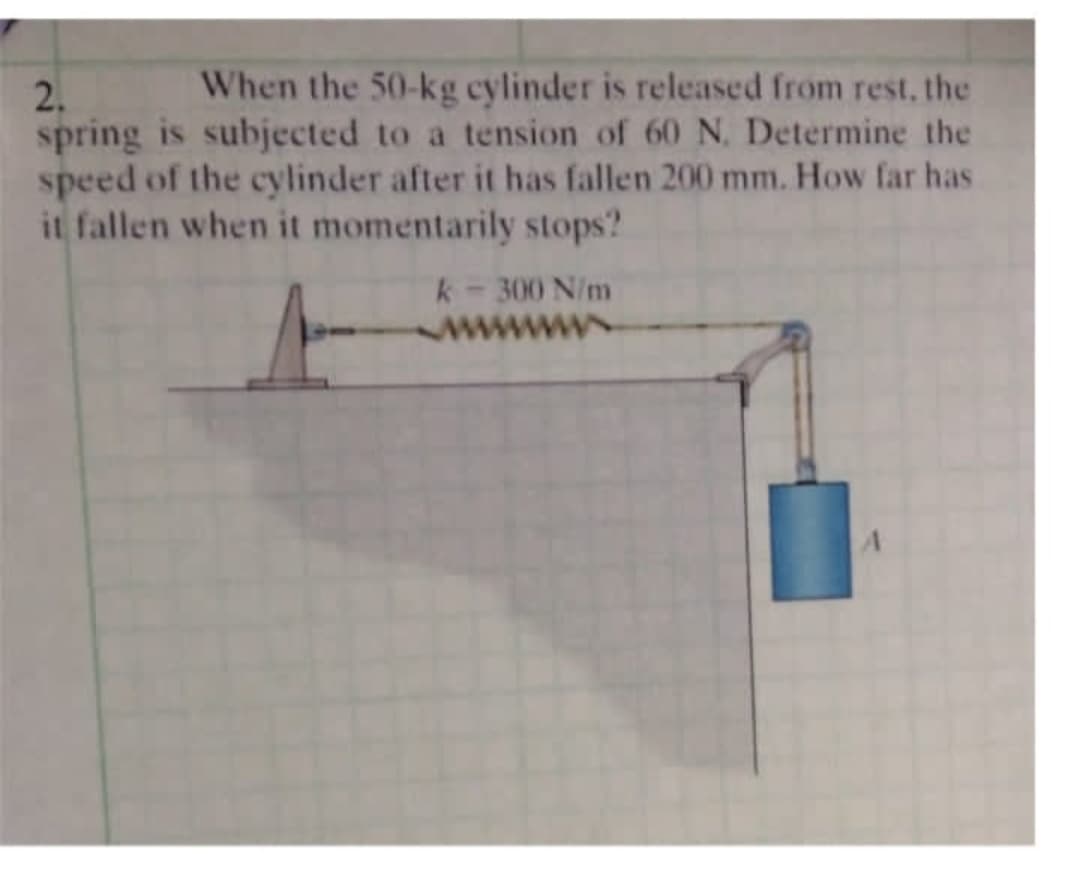2.
When the 50-kg cylinder is released from rest, the
spring is subjected to a tension of 60 N. Determine the
speed of the cylinder after it has fallen 200 mm. How far has
it fallen when it momentarily stops?
k - 300 N/m
A