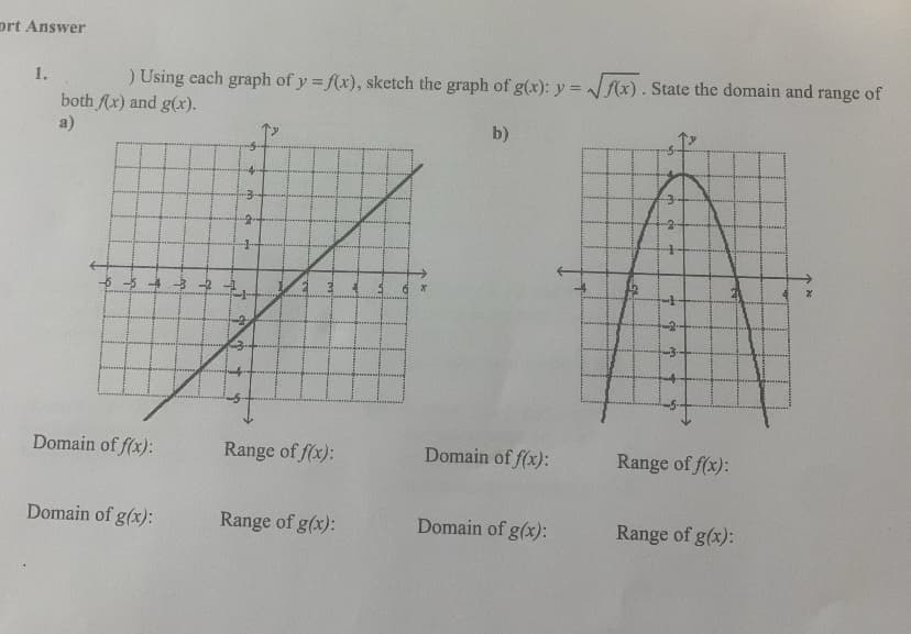 ort Answer
1.
) Using each graph of y = f(x), sketch the graph of g(x): y = √√(x). State the domain and range of
both f(x) and g(x).
a)
b)
-5.1².
-3-
- 5+
-2.
-3.
Domain of f(x):
Range of f(x):
Domain of g(x):
Range of g(x):
T
.. است
4
M..
Range of f(x):
Range of g(x):
X
Domain of f(x):
Domain of g(x):