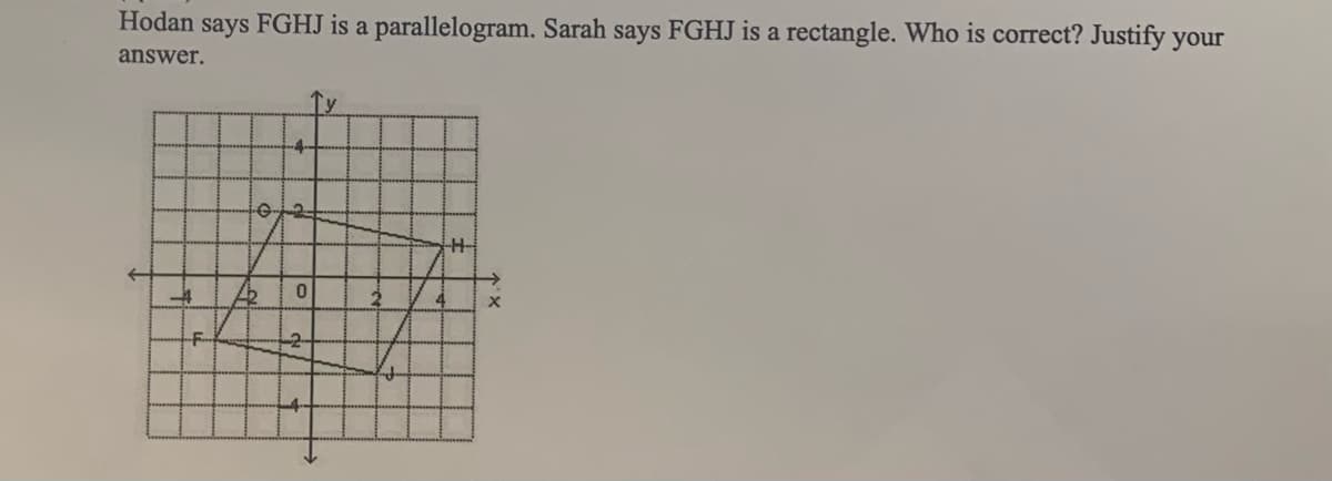 Hodan says FGHJ is a parallelogram. Sarah says FGHJ is a rectangle. Who is correct? Justify your
answer.
-4-
F-
