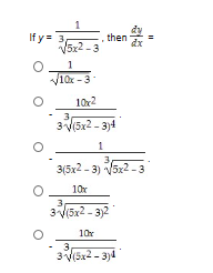 If y 3
, then
dx
5x2-3
10r2
3V/5x2-34
35x2- 3) 5x2-3
10x
3
3(5x2-3)2
10r
3
35x2-3)
