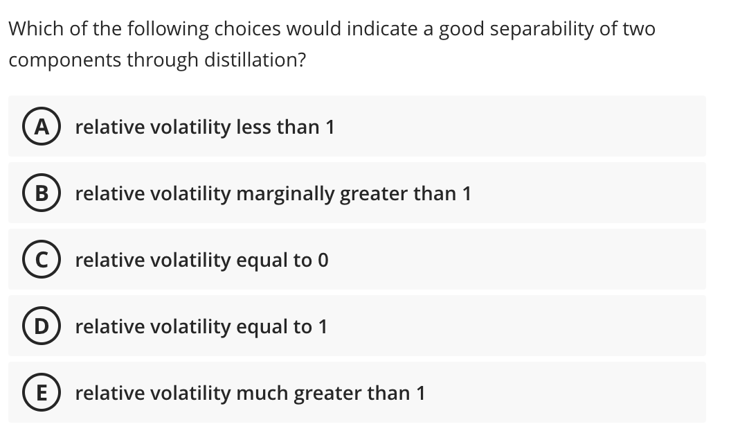Which of the following choices would indicate a good separability of two
components through distillation?
A
relative volatility less than 1
relative volatility marginally greater than 1
c) relative volatility equal to 0
relative volatility equal to 1
E) relative volatility much greater than 1
