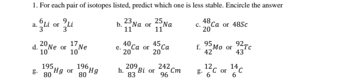 1. For each pair of isotopes listed, predict which one is less stable. Encircle the answer
a. Li or °Li
3
b. 23Na or 25Na
11
11
48 Ca or 48Sc
20
45Ca
95,
Мо or
f.
42
92TC
17 Ne
20 Ne or
40.
20
Са or
43
е.
d.
10
10
20
195,
Нд or
80
196,
Hg
08
209
Bi or
83
242
Ст
96
14 C
12c or 6
h.
g.
6
g.
