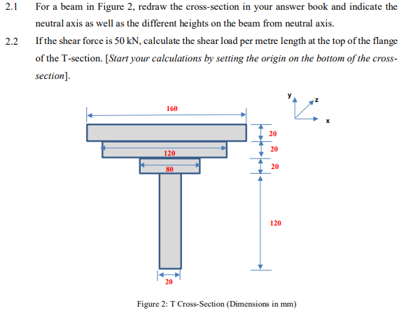 2.1
For a beam in Figure 2, redraw the cross-section in your answer book and indicate the
neutral axis as well as the different heights on the beam from neutral axis.
2.2
If the shear force is 50 kN, calculate the shear load per metre length at the top of the flange
of the T-section. [Start your calculations by setting the origin on the bottom of the cross-
section].
160
20
20
120
20
80
120
20
Figure 2: T Cross-Section (Dimensions in mm)

