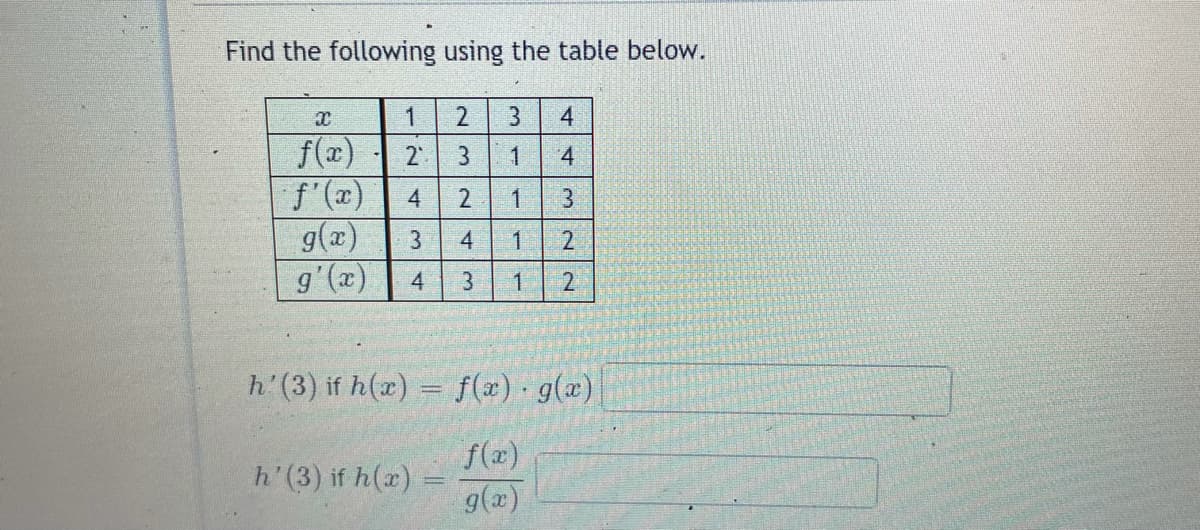 Find the following using the table below.
4
f(x)
f'(x)
g(x)
2
1
4
4
3
1
(2), 6
1.
4
3
h'(3) if h(x):
f(x) g(æ)
f(x)
g(2)
h'(3) if h(x)
3.
2.
3.
1-
2.
3.
2.
4,
